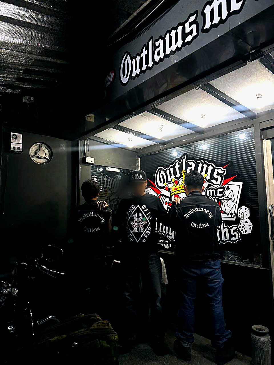 High 1%er and Probate in front of the Outlaws MC Bangkok clubhouse.